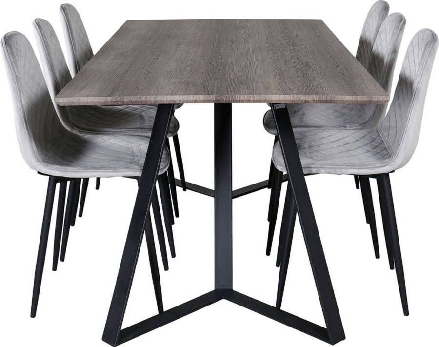 Hioshop MarinaGRBL eethoek eetkamertafel el hout decor grijs en 6 Polar Diamond eetkamerstal velours grijs.