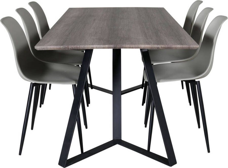 Hioshop MarinaGRBL eethoek eetkamertafel el hout decor grijs en 6 Polar eetkamerstal grijs.