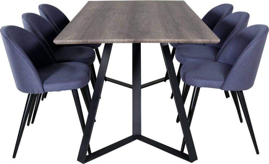 Hioshop MarinaGRBL eethoek eetkamertafel el hout decor grijs en 6 Velvet eetkamerstal blauw.