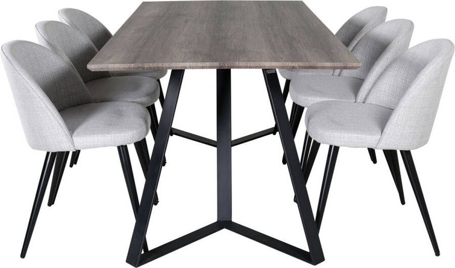 Hioshop MarinaGRBL eethoek eetkamertafel el hout decor grijs en 6 Velvet eetkamerstal lichtgrijs zwart.
