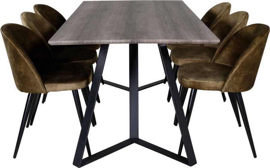 Hioshop MarinaGRBL eethoek eetkamertafel el hout decor grijs en 6 Velvet eetkamerstal velours groente zwart.