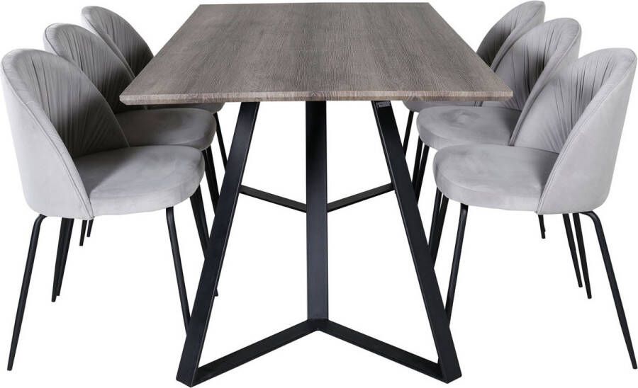 Hioshop MarinaGRBL eethoek eetkamertafel el hout decor grijs en 6 Wrinkles eetkamerstal grijs.