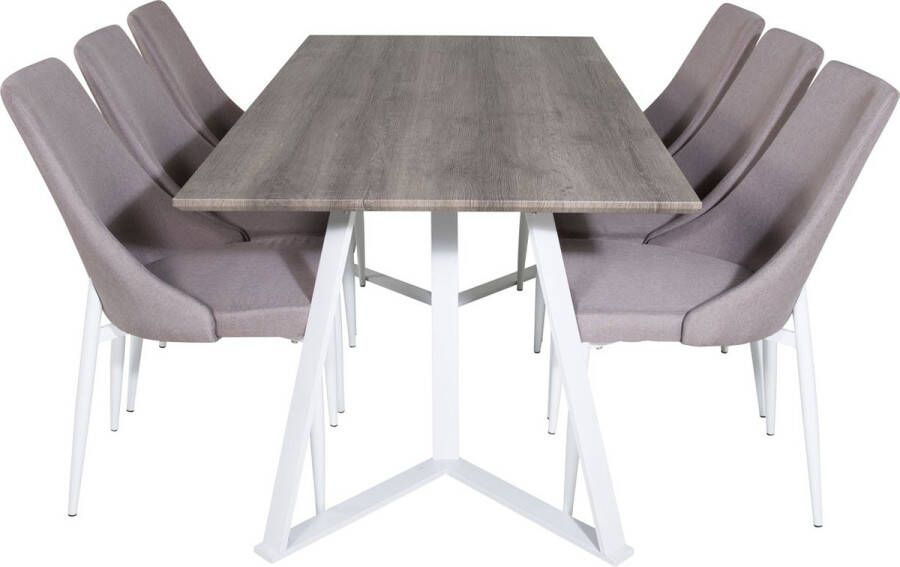 Hioshop MarinaGRWH eethoek eetkamertafel grijs en 6 Leone 2.0 eetkamerstal grijs wit.