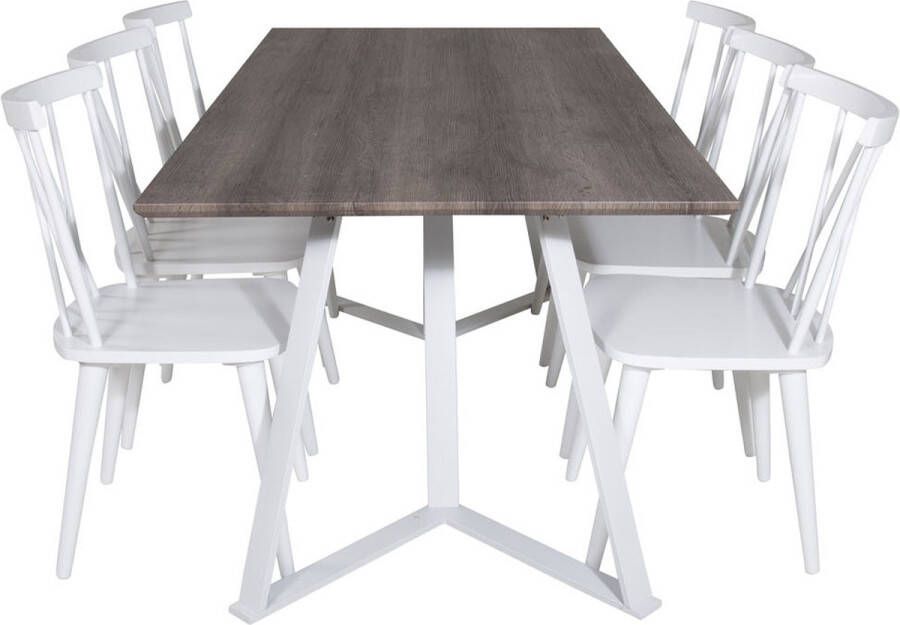 Hioshop MarinaGRWH eethoek eetkamertafel grijs en 6 Mariannelund eetkamerstal wit.