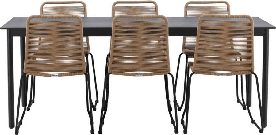 Hioshop Modena tuinmeubelset tafel 200x100cm 6 stoelen Lindos zwart bruin
