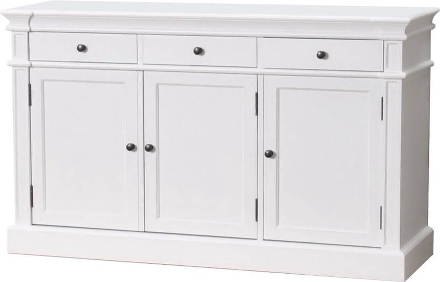 Hioshop Mozart dressoir antiek wit antiek gepatineerd met drie deuren en drie lades breedte 142 cm hoogte 86 cm.