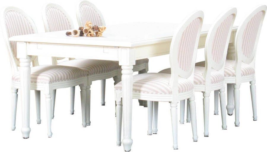Hioshop Mozart eethoek 100x180 280 cm incl. 2 verlengbladen antiek wit met 6 Rococo stoelen antiek wit beige.