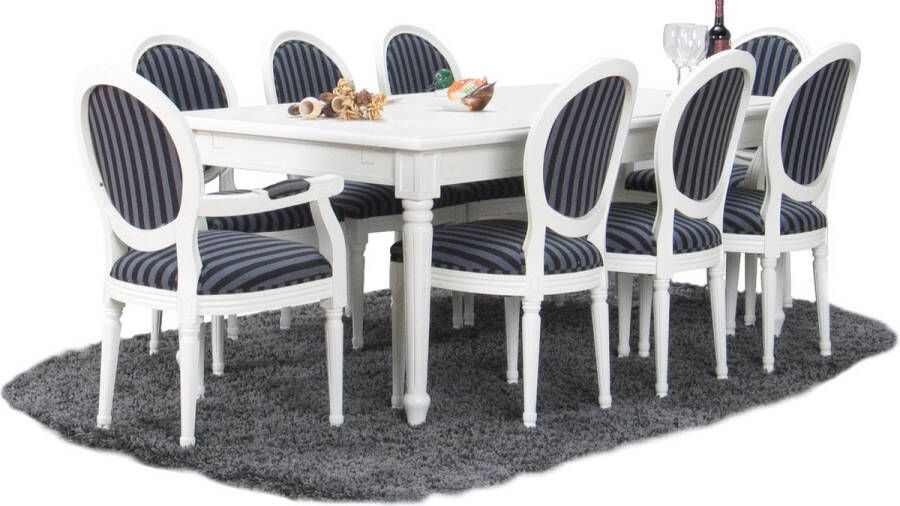 Hioshop Mozart eethoek 100x180 280 cm incl. 2 verlengbladen antiek wit met 2+6 Rococo stoelen antiek wit zwart.