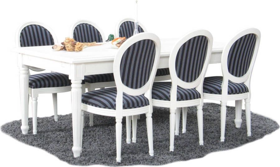 Hioshop Mozart eethoek 100x180 280 cm incl. 2 verlengbladen antiek wit met 6 Rococo stoelen antiek wit zwart.