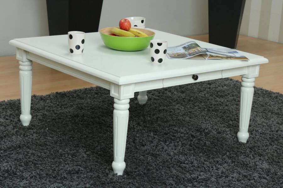 Hioshop Mozart salontafel 100x100 cm met 1 lade in antiek wit antiek gepatineerd.