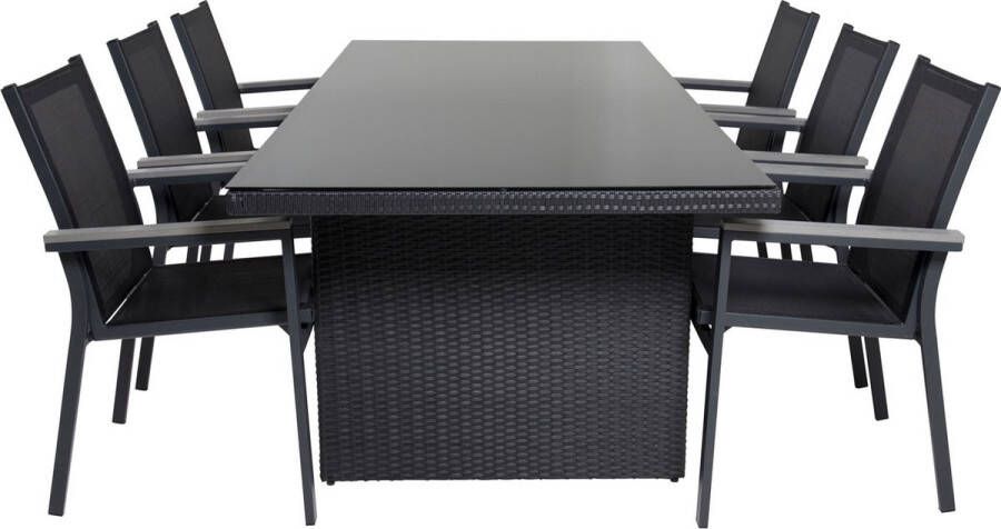 Hioshop Padova tuinmeubelset tafel 100x200cm en 6 stoel Parma zwart.