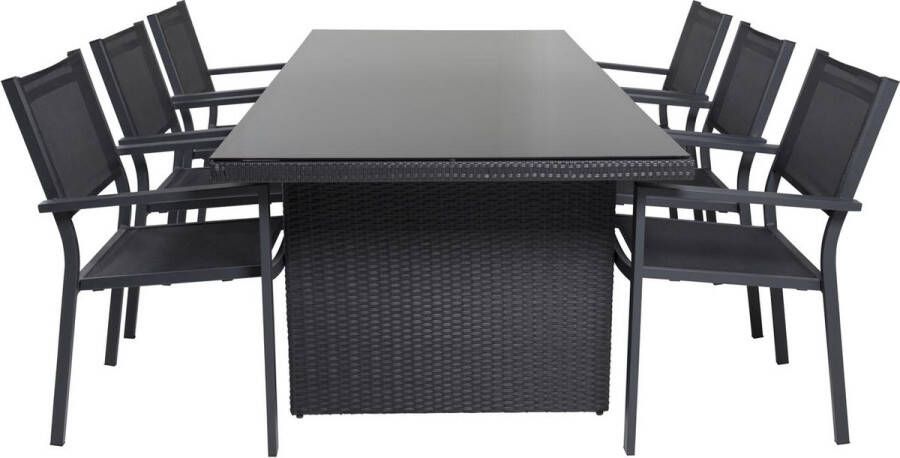 Hioshop Padova tuinmeubelset tafel 200x100cm 6 stoelen Copacabana zwart