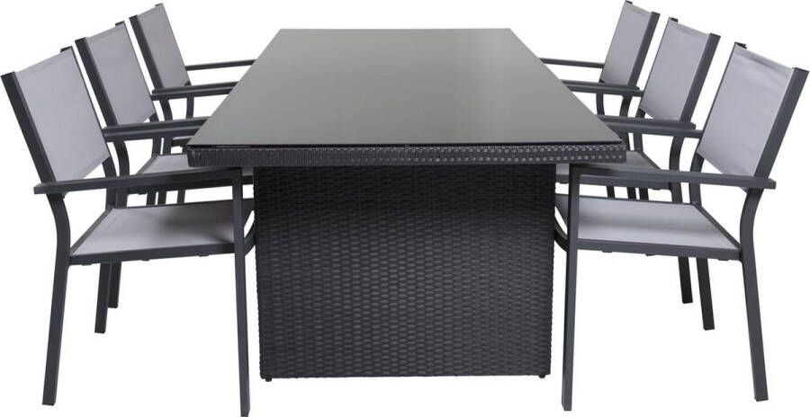 Hioshop Padova tuinmeubelset tafel 200x100cm 6 stoelen Copacabana zwart grijs