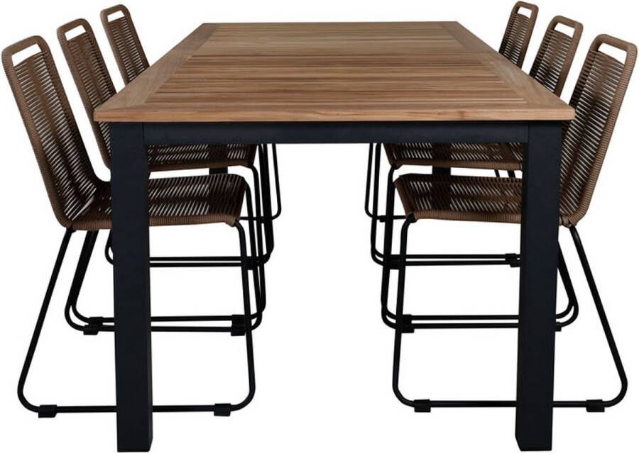 Hioshop Panama Tuinmeubelset Tafel 100x224 324cm En 6 Stoel Lindos Zwart Naturel.