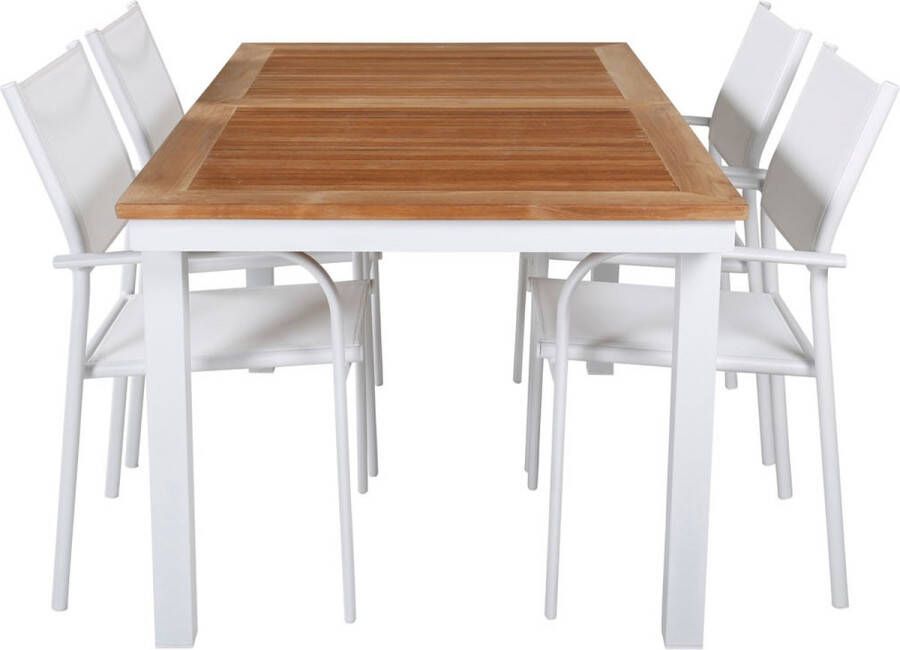 Hioshop Panama tuinmeubelset tafel 90x152 210cm en 4 stoel Santorini wit naturel