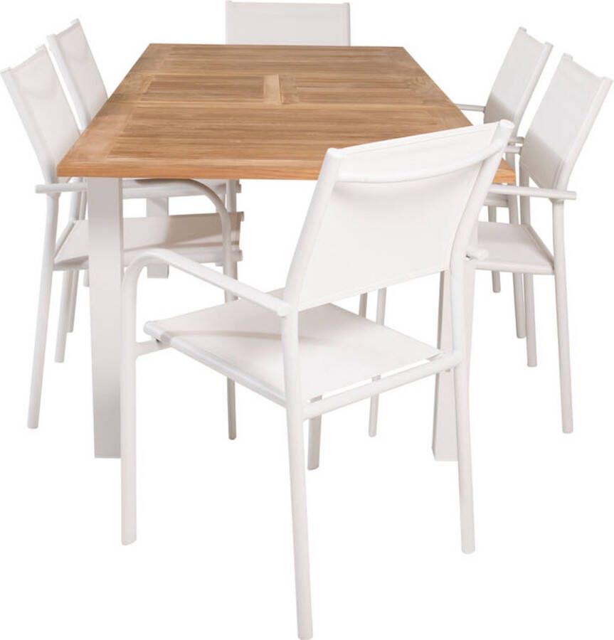 Hioshop Panama tuinmeubelset tafel 90x152 210cm en 6 stoel Santorini wit naturel