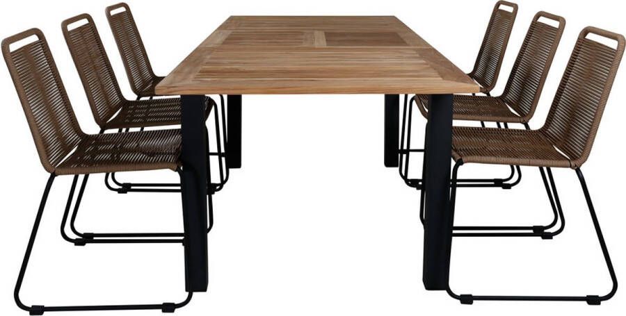 Hioshop Panama Tuinmeubelset Tafel 90x152 210cm En 6 Stoel Stapell Lindos Zwart Naturel.