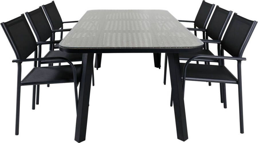 Hioshop Paola tuinmeubelset tafel 100x200cm en 6 stoel Santorini zwart naturel