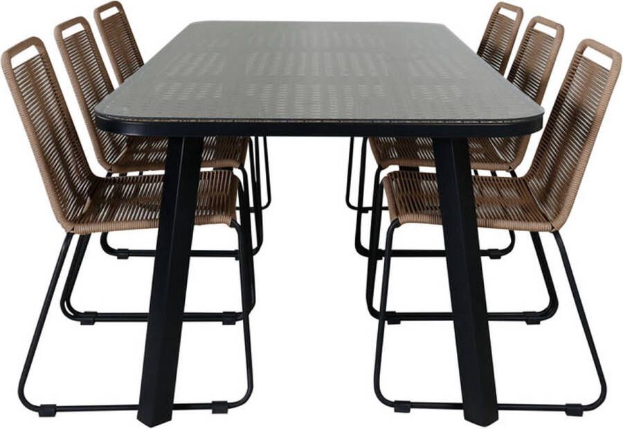 Hioshop Paola Tuinmeubelset Tafel 100x200cm En 6 Stoel Stapell Lindos Zwart Naturel.