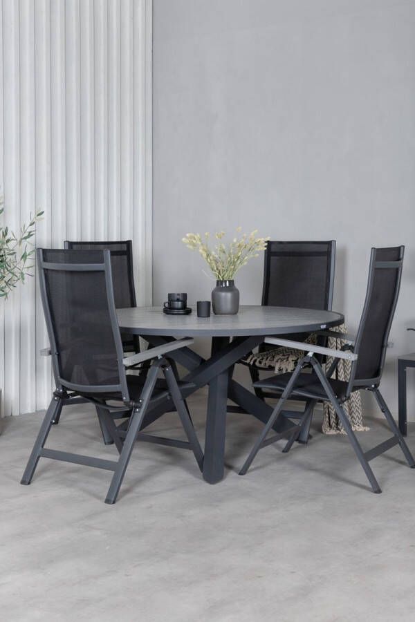 Hioshop Parma tuinmeubelset tafel Ø140cm en 4 stoel Albany zwart grijs