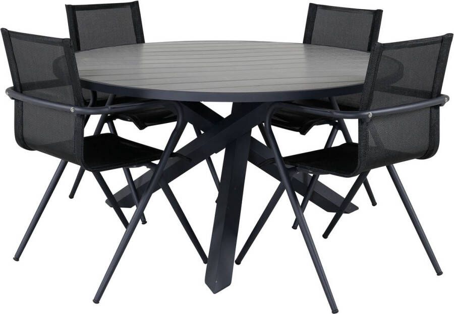 Hioshop Parma tuinmeubelset tafel Ø140cm en 4 stoel Alina zwart grijs