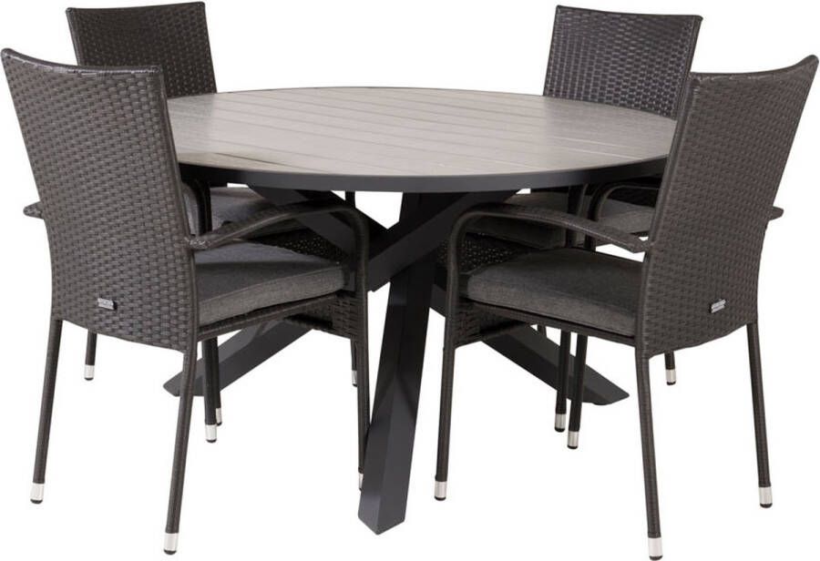 Hioshop Parma tuinmeubelset tafel Ø140cm en 4 stoel Anna zwart grijs