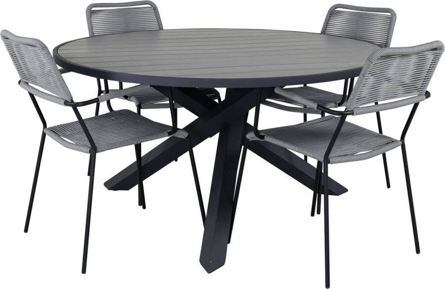 Hioshop Parma tuinmeubelset tafel Ø140cm en 4 stoel armleuningG Lindos zwart grijs