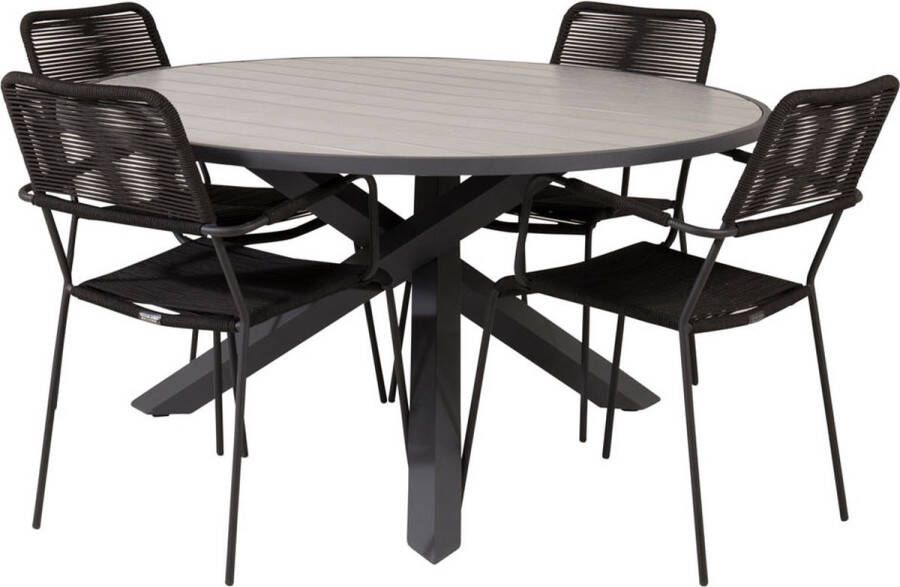 Hioshop Parma tuinmeubelset tafel Ø140cm en 4 stoel armleuningS Lindos zwart grijs