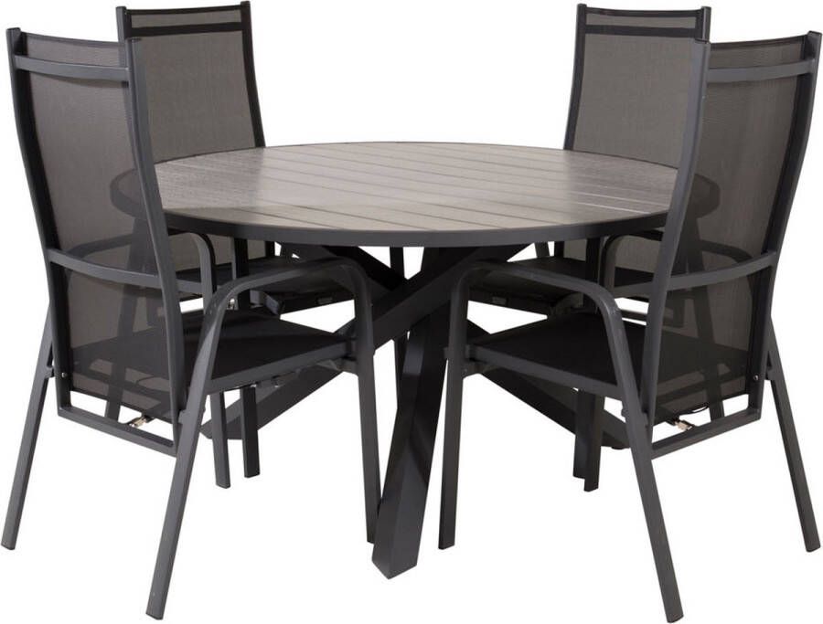 Hioshop Parma tuinmeubelset tafel Ø140cm en 4 stoel Copacabana zwart grijs