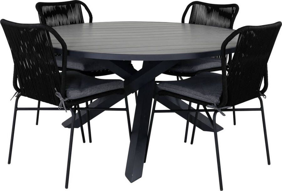 Hioshop Parma tuinmeubelset tafel Ø140cm en 4 stoel Julian zwart grijs