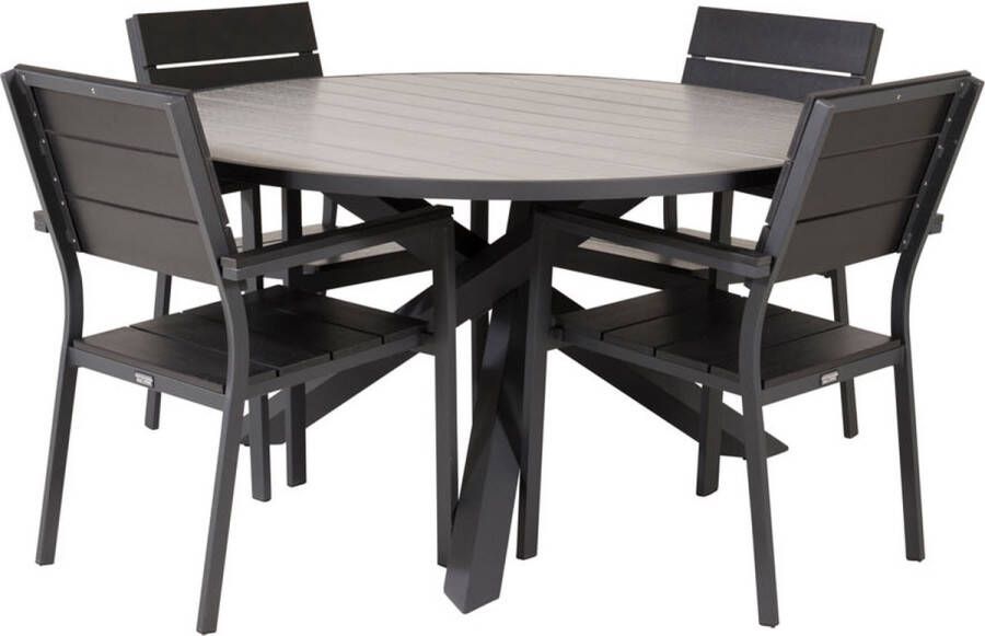 Hioshop Parma tuinmeubelset tafel Ø140cm en 4 stoel Levels zwart grijs