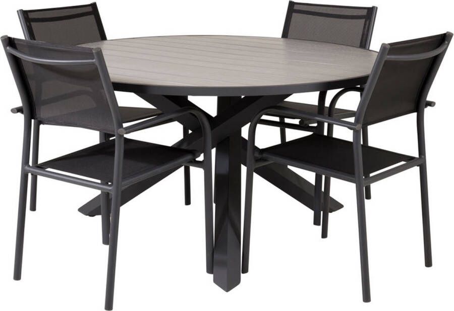 Hioshop Parma tuinmeubelset tafel Ø140cm en 4 stoel Santorini zwart grijs