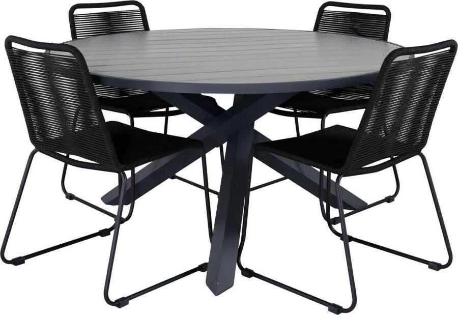Hioshop Parma tuinmeubelset tafel Ø140cm en 4 stoel stapel Lindos zwart grijs