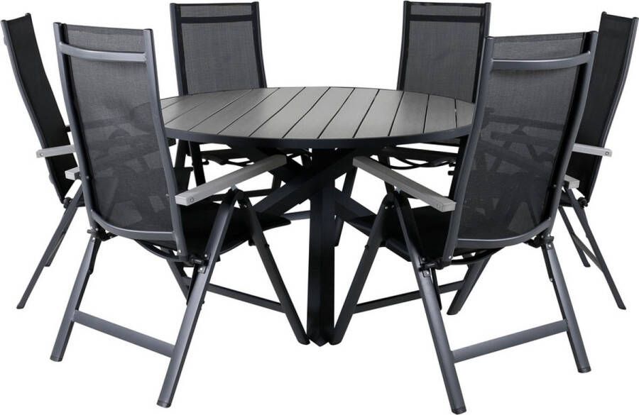 Hioshop Parma tuinmeubelset tafel Ø140cm en 6 stoel Albany zwart grijs