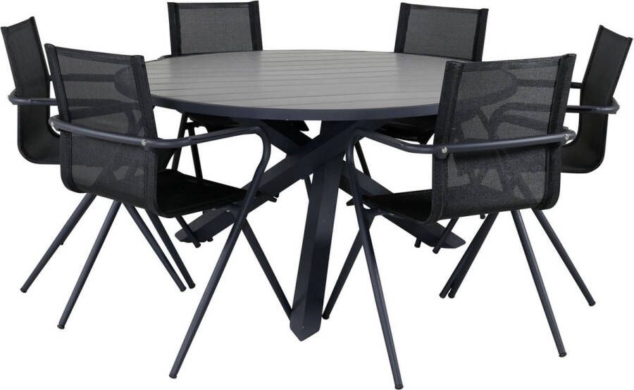 Hioshop Parma tuinmeubelset tafel Ø140cm en 6 stoel Alina zwart grijs