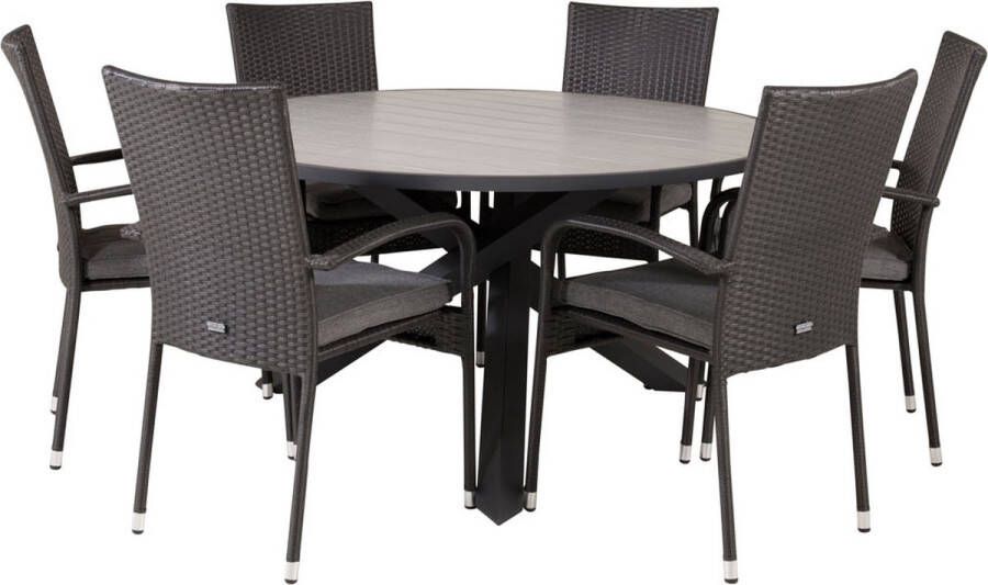 Hioshop Parma tuinmeubelset tafel Ø140cm en 6 stoel Anna zwart grijs