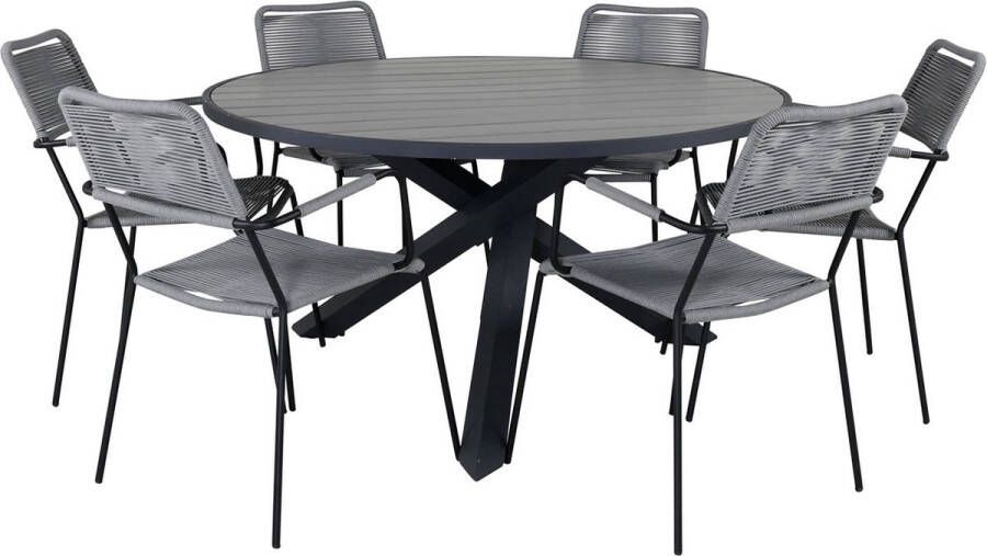 Hioshop Parma tuinmeubelset tafel Ø140cm en 6 stoel armleuningG Lindos zwart grijs