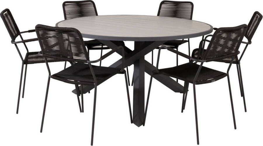Hioshop Parma tuinmeubelset tafel Ø140cm en 6 stoel armleuningS Lindos zwart grijs