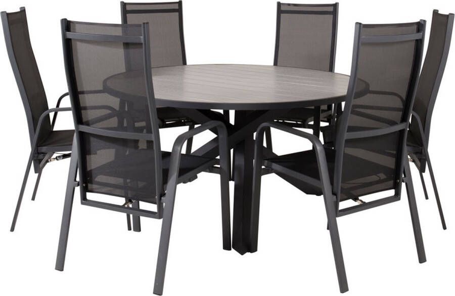 Hioshop Parma tuinmeubelset tafel Ø140cm en 6 stoel Copacabana zwart grijs