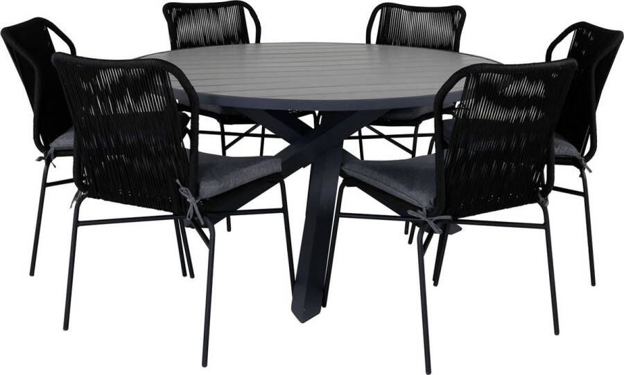 Hioshop Parma tuinmeubelset tafel Ø140cm en 6 stoel Julian zwart grijs