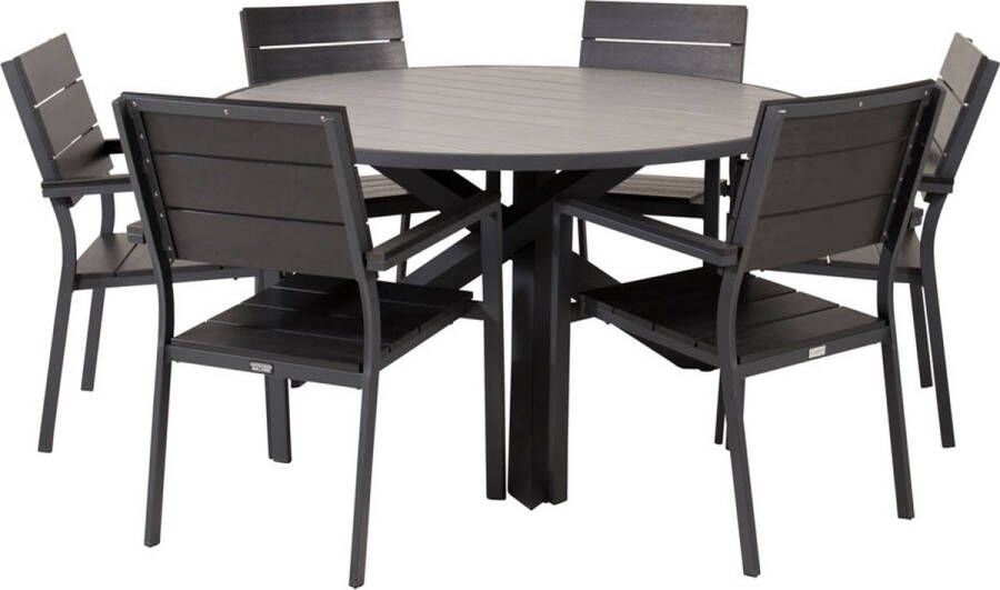 Hioshop Parma tuinmeubelset tafel Ø140cm en 6 stoel Levels zwart grijs