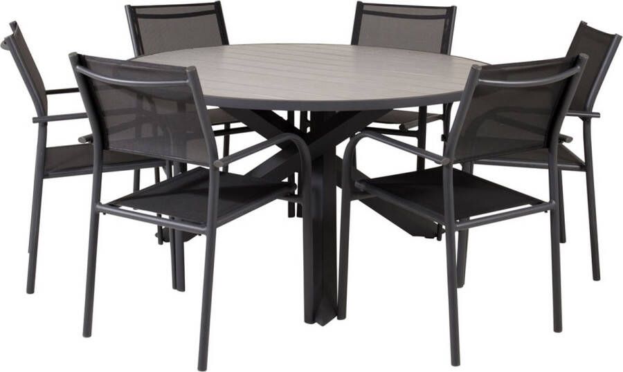 Hioshop Parma tuinmeubelset tafel Ø140cm en 6 stoel Santorini zwart grijs