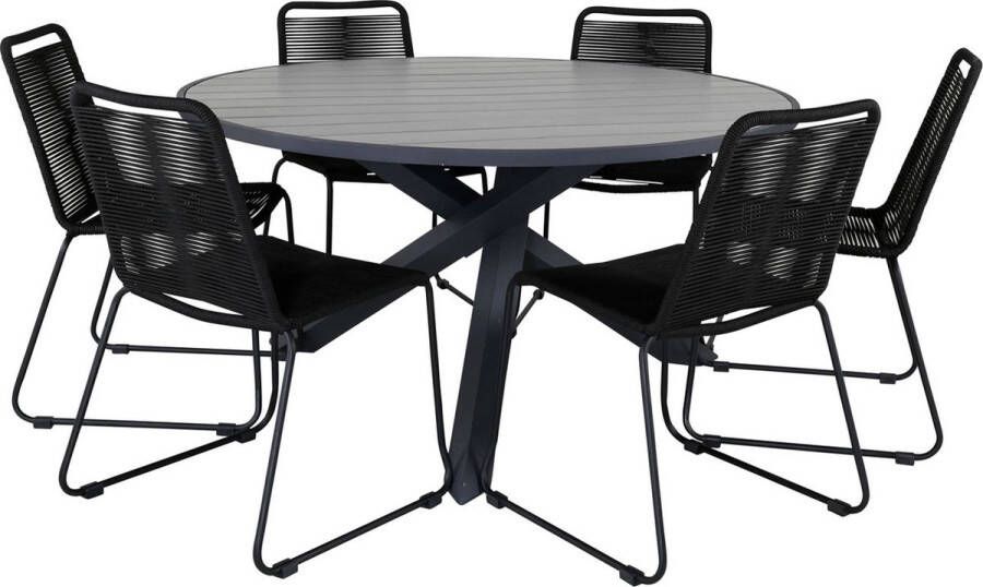 Hioshop Parma tuinmeubelset tafel Ø140cm en 6 stoel stapel Lindos zwart grijs