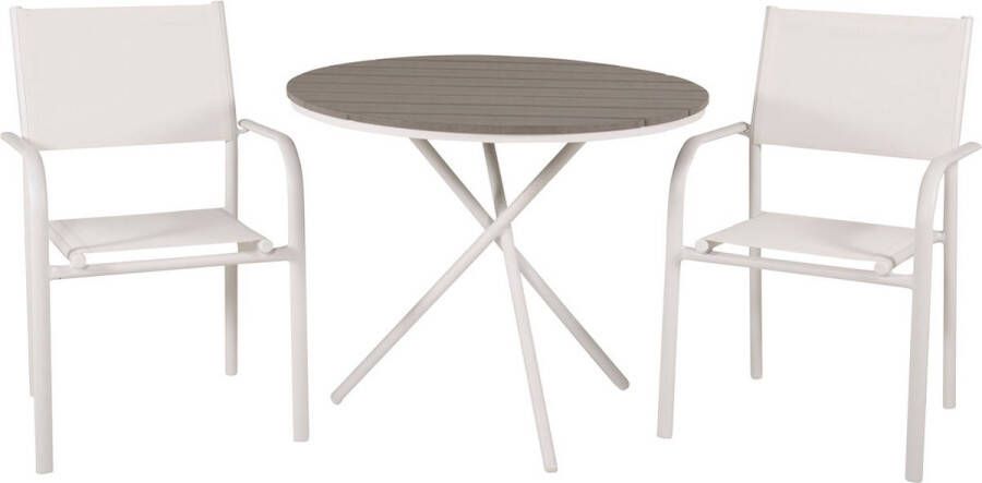 Hioshop Parma tuinmeubelset tafel Ø90cm en 2 stoel Santorini wit grijs crèmekleur