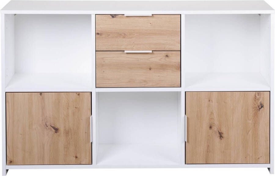 Hioshop Pepeto dressoir 2 laden 2 deuren 3 planken wit Artisan eik decor.