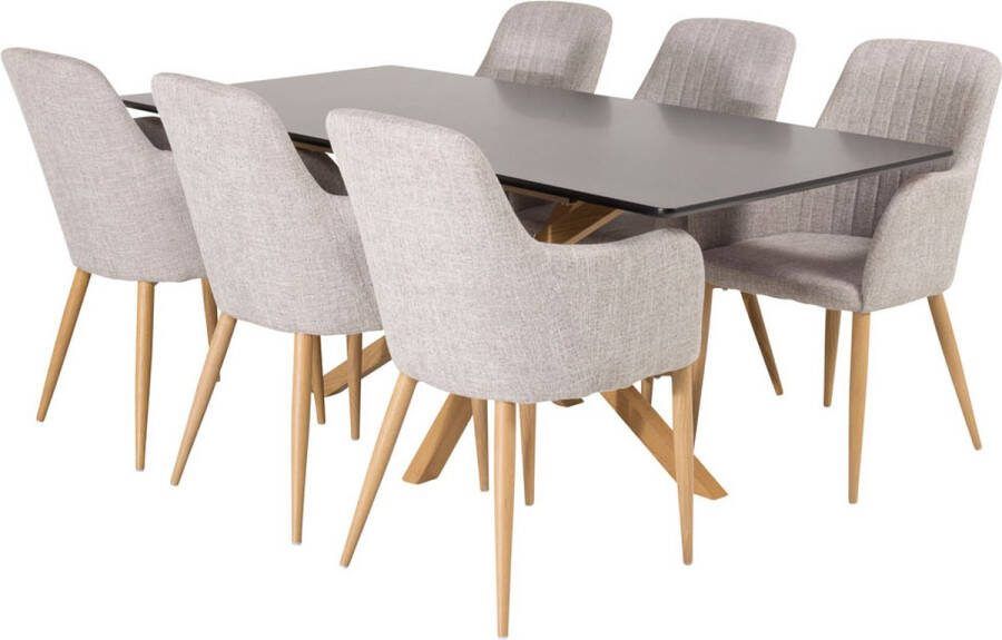 Hioshop Piazza180x90BLNA eethoek eetkamertafel zwart en 6 Comfort eetkamerstal lichtgrijs eik decor.