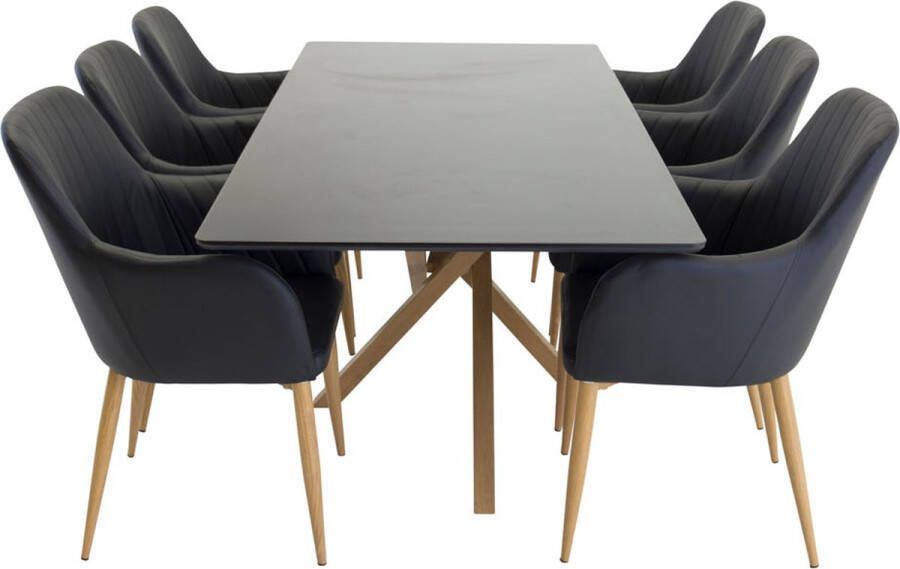Hioshop Piazza180x90BLNA eethoek eetkamertafel zwart en 6 Comfort eetkamerstal PU kunstleer zwart PU kunstleer eik decor.