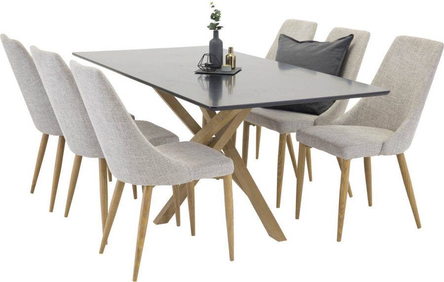 Hioshop Piazza180x90BLNA eethoek eetkamertafel zwart en 6 Leone eetkamerstal lichtgrijs eik decor.