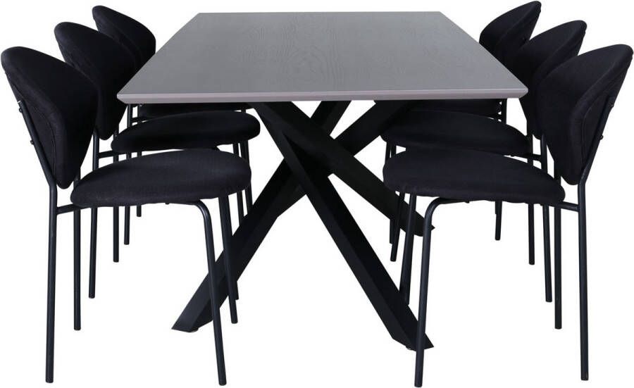 Hioshop PiazzaGRBL eethoek eetkamertafel grijs en 6 Vault eetkamerstal zwart.