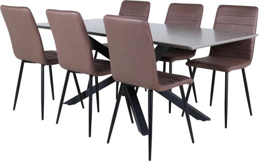 Hioshop PiazzaGRBL eethoek eetkamertafel grijs en 6 Windu Lyx eetkamerstal bruin.
